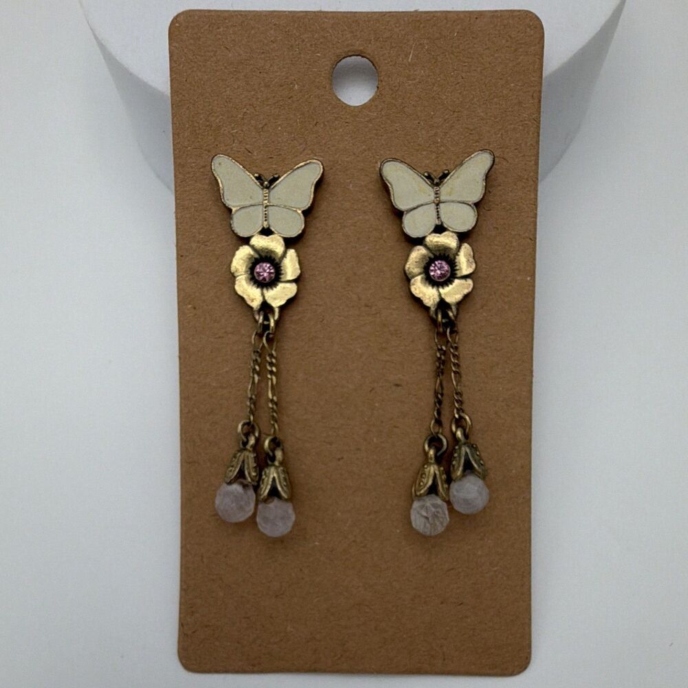 Pilgrim Gold Plated Butterfly Flower Pink Crystal Dangle Earrings Post Signed